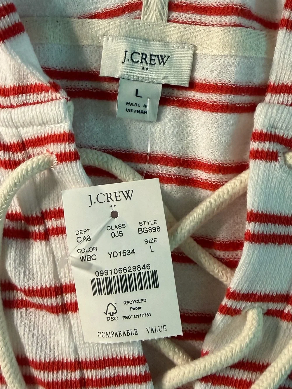 NWT J. Crew | Towel Terry Lace Up Red Stripe White Cotton Coastal Hoodie Large